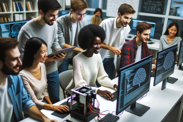 DALL·E 2023-10-24 20.39.20 - Photo of a computer lab with a Black female professor and her students working on AI projects. They are collaborating on computers, testing AI models,